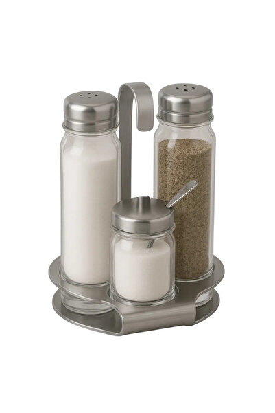 Kovar طقم زجاجات توابل زجاجية مكون من زجاجتين كبيرتين وزجاجة صغيرة واحدة للملح والفلفل مع حامل فضي بخطاف - طقم من 3 قطع