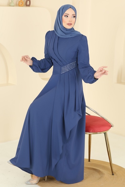 ModaMerve Beli Taş Detaylı Abiye Elbise 2597ASMK1074-MS İndigo