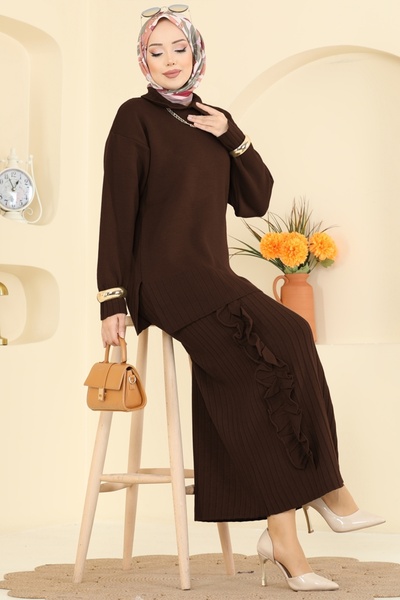 ModaMerve Fırfır Detaylı Triko Takım 2773AYD574-MS Kahve