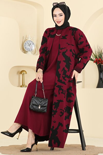 ModaMerve Desen Detaylı Elbiseli Takım 2768AYD574-MS Bordo