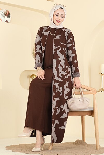 ModaMerve Desen Detaylı Elbiseli Takım 2768AYD574-MS Kahve