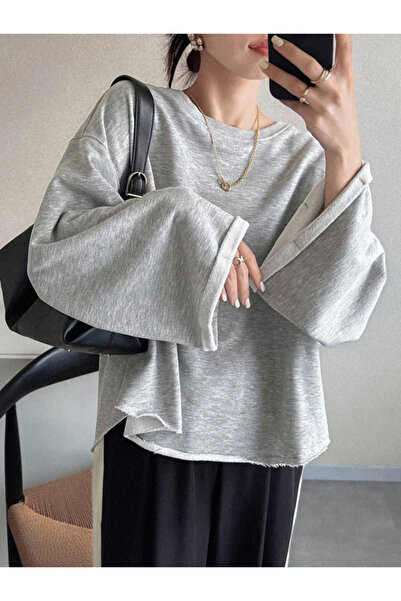 BLUE STREET قصة فضفاضة سويت شيرت بأكمام طويلة وياقة دائرية