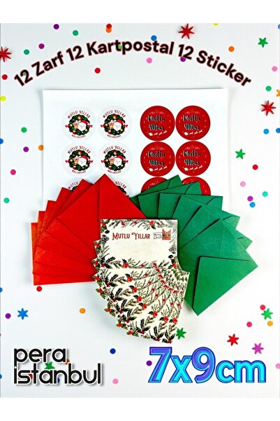 Pera İstanbul Yeni Yıl Yılbaşı Temaları 12 Adet Renkli Zarf 7x9 Cm 12 Adet Sticker 12 Adet Kartpostal Hediye