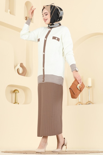 ModaMerve Aksesuar Düğmeli Etekli Takım 2765AYD574-MS Bisküvi