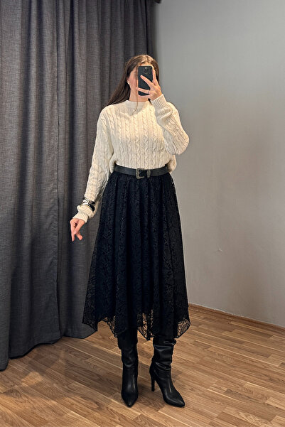 Sorridi Siyah Dantelli Asimetrik Kesim Uzun Etek