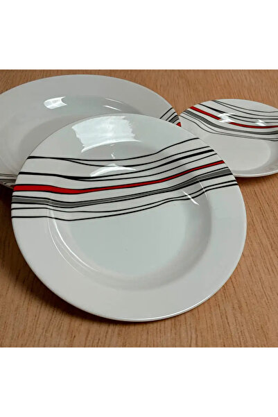 SARVAH طبق عشاء من الميلامين مقاس 10 بوصات بتصميم خطوط سوداء وحمراء (قطعة واحدة) - أبيض