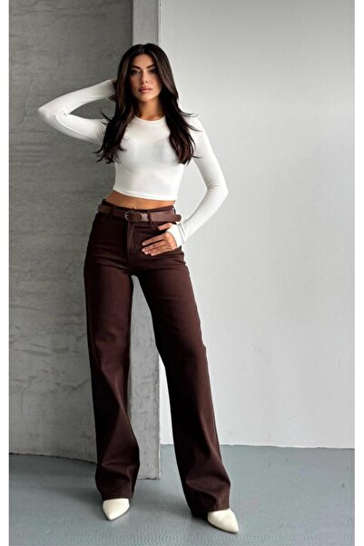ON KLEEM Kahverengi Yüksekbel Straight Fit Geniş Paça Pantolon (KEMER DAHİL D...