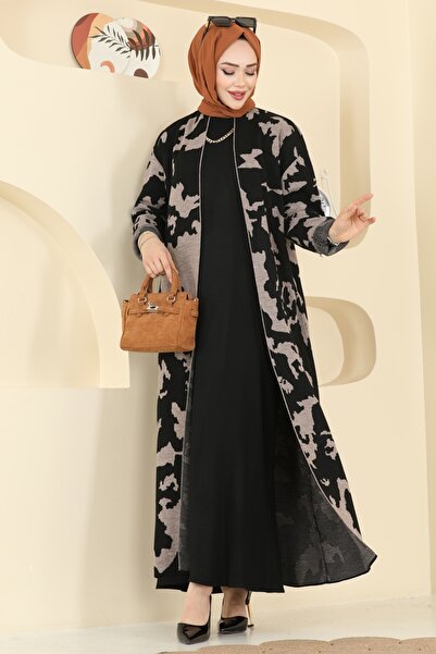 ModaMerve Desen Detaylı Elbiseli Takım 2768AYD574-MS Siyah