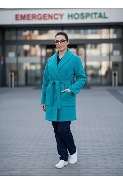 DEMOTEKS Unisex medical sweatshirt gown with pockets and drawstring at the waist, turquoise color