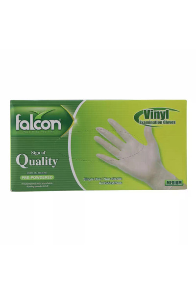 Falcon Vinyl Examination Hypo Allergenic Pre Powdered Gloves Absorbable Dusting Powder, Medium- 100p