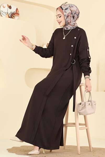 ModaMerve Aksesuar Çıtçıtlı Modal Elbise 2446ANT466-MS Kahve