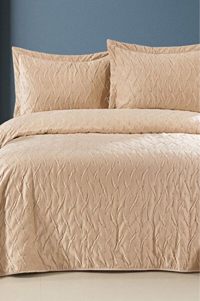 Çeyiz Diyarı Zara Double Luxury Velvet Bedspread Beige