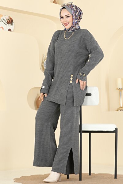 ModaMerve Düğme Aksesuarlı Triko Takım 1336MT581-MS Antrasit