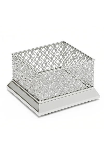 Kovar Square Rim Mirror Base Metal Storage Tray With Cutwork Detailed 28X18X10cm- Silver