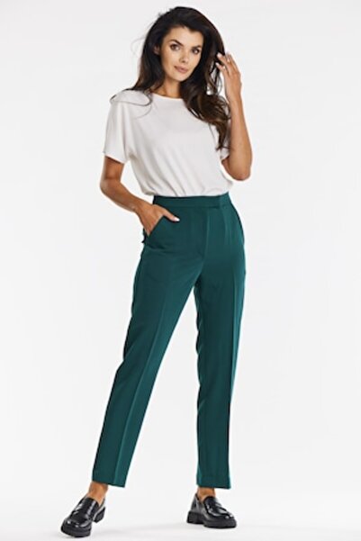 Awama - Elegant women's cigarette trousers, polyester/viscose, green
