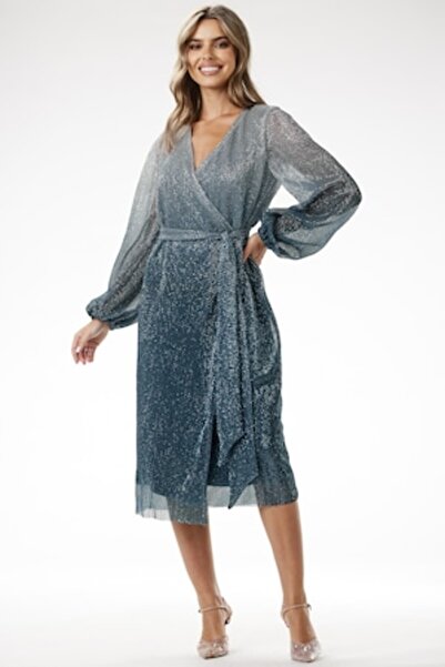 Awama - Rochie midi, mânecă lungă, dreaptă, decolteu în V A702, verde