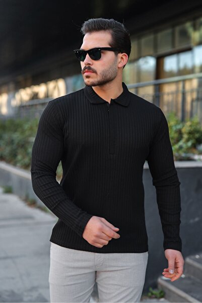 masso Pulover pentru bărbați din material reiat țesături, cu guler polo, cu jumătate de fermoar