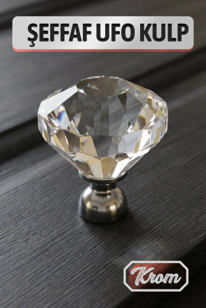 Badem10 Şeffaf Kristal Görünümlü Krom Saplı Ufo Düğme Mobilya Dolap Çekmecele...