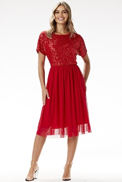 Awama - Midi evening dress, sequins and tulle, red, polyester/elastane