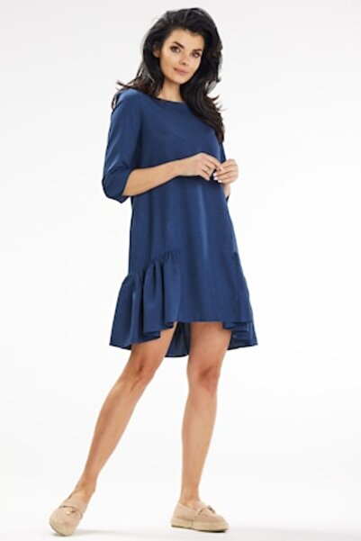 Awama - Short Casual Three Quarter Sleeve Dress A648, Navy Blue