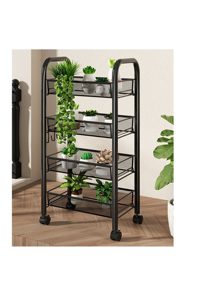 OEM Multifunctional metal shelf with 4 shelves and swivel wheels. Black
