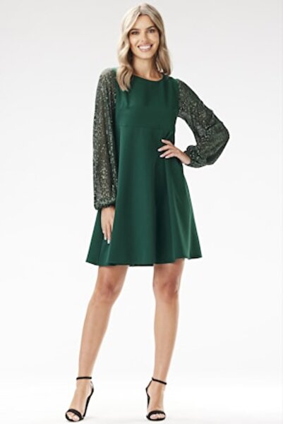Awama A694 Sequin-Sleeve Mini Trapeze Dress - Bottle Green - M