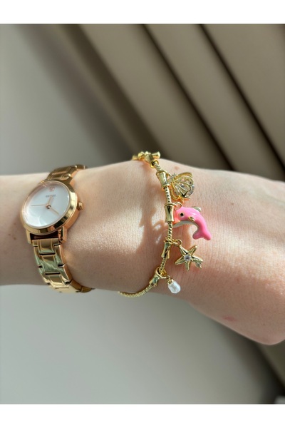 Minia Charm Dangling Pink Whale Pearl and Stone Non-Tarnish Gold Color Adjustable Women's Bracelet