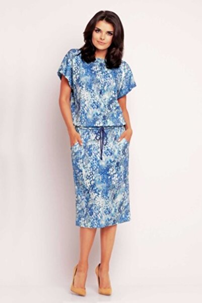 Awama - Women's kimono midi dress, Polyester, Blue, A145, Size S (INTL)