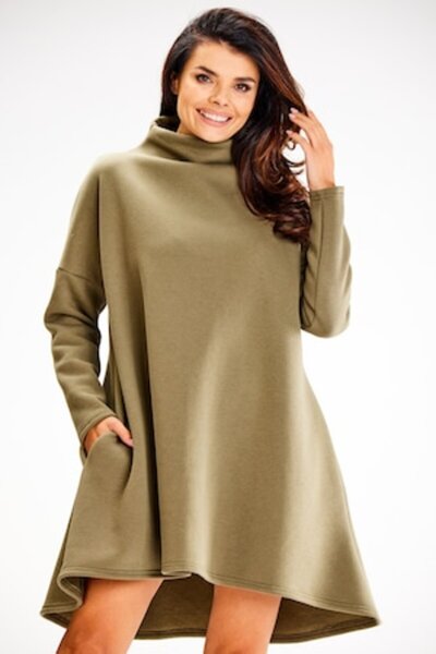 Awama - Short Long-Sleeve Dress, High Neck, Asymmetric A609, Kaki