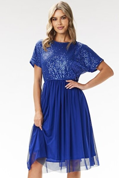 Awama Evening Midi Dress - Sequins & Tulle, Blue (Polyester/Elastane)