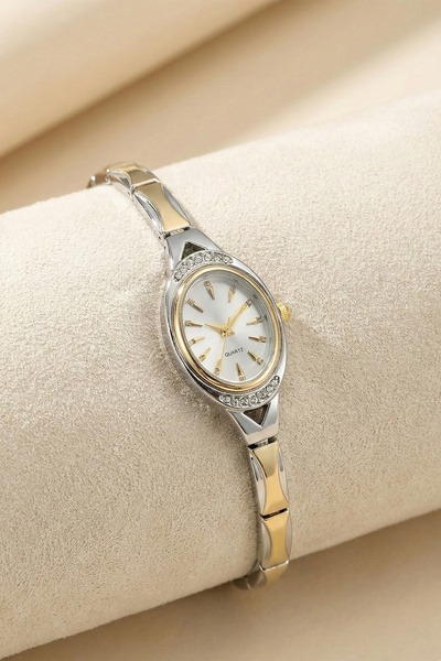 İnogge İki Renkli Vintage Taşlı Kasa Elips Özel Tasarım Kordonlu Minimal Kadın Kol Saati