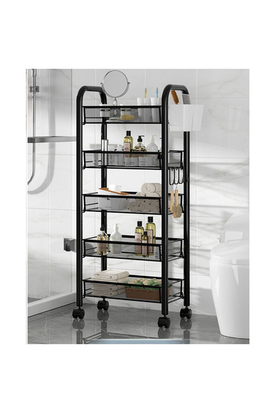 OEM Multifunctional metal shelf with 5 shelves and swivel wheels. Black