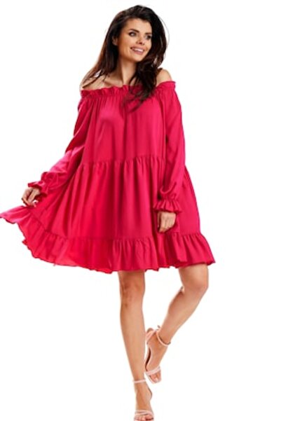 Awama Short Long-Sleeve Off-Shoulder Dress A578, Fuchsia