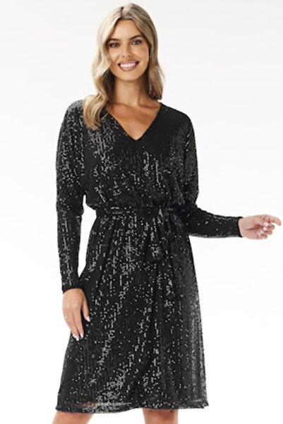 Awama Trapeze Midi Dress, V-neck, Sequins, Black (Polyester-Elastane)