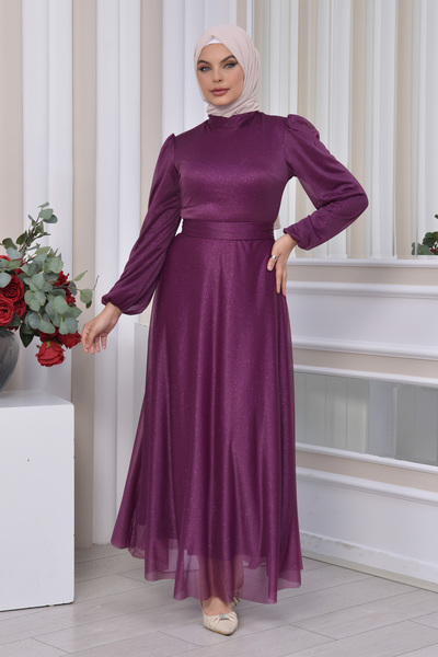 Helen Fashion Mürdüm Renkli Simli Tül Tesettür Abiye