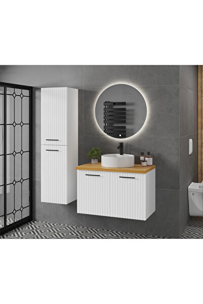 ROSEART BANYO ROSESHİNE BEYAZ 80CM BANYO DOLABI SETİ AYNA + SERAMİK LAVABO + ...