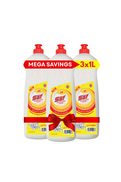 Saf سائل غسيل الأطباق - أصفر ليموني، 1 لتر (عبوة من 3) قوي على الدهون، لطيف على اليدين