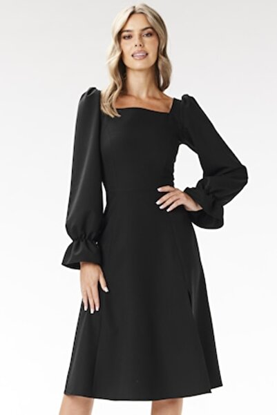 Awama - Midi dress, square neckline, long sleeves, black, polyester-elastane
