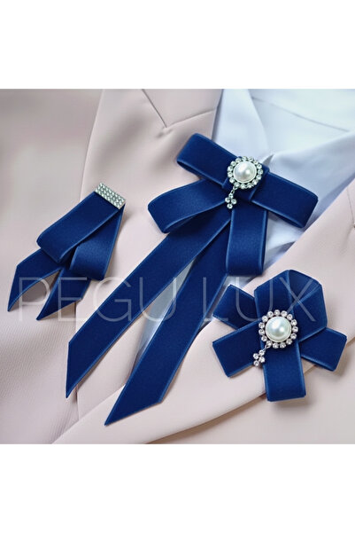 pegu baby collection Lux LACİVERT Kadife 3 Lü Set Kurdele Broş Yaka Igne Okul...