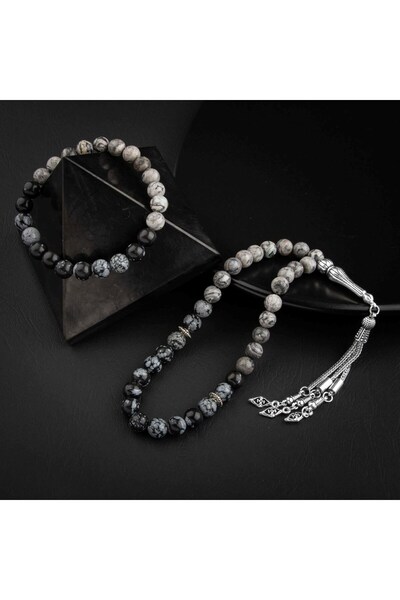 MuhammedMasumCo Gri Jasper & Karlı Obsidyen Doğal Taş Tesbih & Bileklik Seti