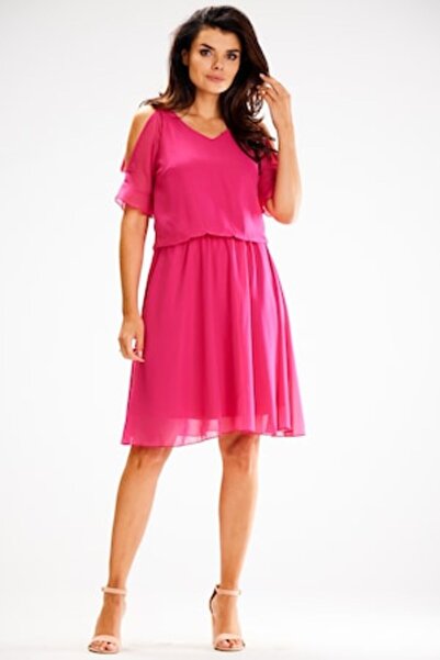 Awama Rochie midi cu decolteu în V și mânecă scurtă A656, fuchsia