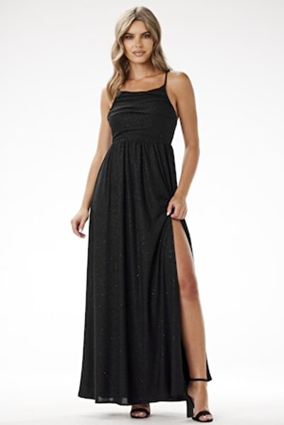 Awama - Maxi dress with straps, black, polyester