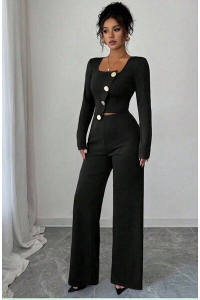 Deridün Yıldız Shoes Women's Long Sleeve Square Neck Asymmetrical Button Detail Blouse and High Waist Pants Set