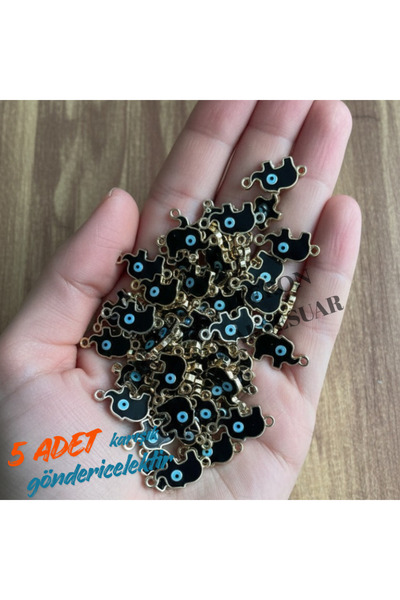 Feron Aksesuar Nazar Boncuklu Fil Kolye Ucu Charm – SİYAH Mineli Metal Takı Y...