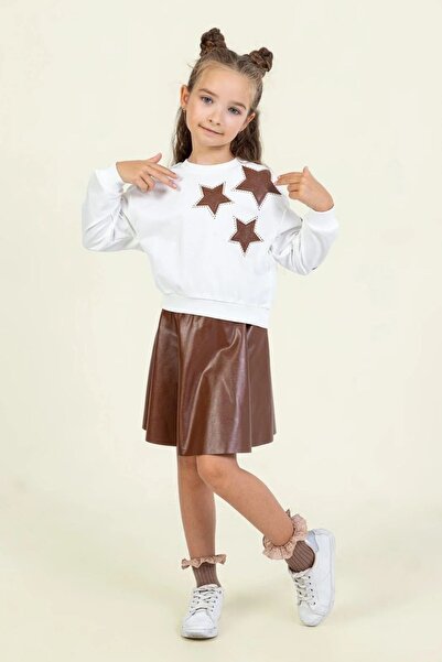 aura7 collection Girl's Star Patterned Leather Mini Shorts Skirt Set - Brown