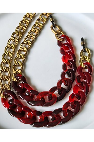 THİNBLACK Glasses Chain-Chain for Glasses with Thick Stems – Red Acrylic & Antique Gold Aluminum