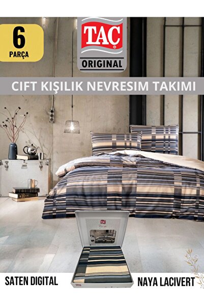 Taç NAYA LACIVERT NEVRESİM TAKIMI ÇİFT KİŞİLİK DİJİTAL SATEN