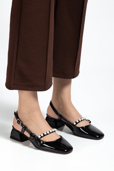 vanorio Black Patent Leather Daily Women's Maste with Pearls Heeled Shoes
