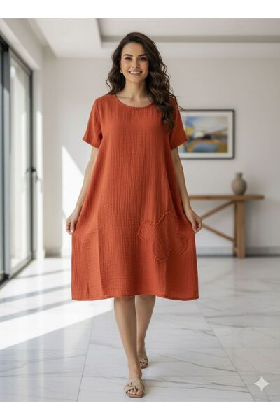 AGORATEKSTİL Women's Organic Muslin Fabric Daisy Pattern Short Sleeve Dress