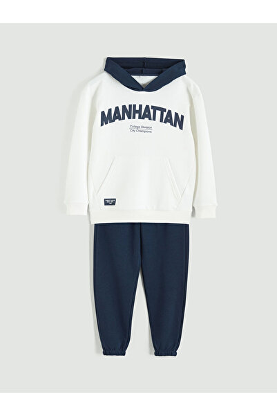LC Waikiki Stylish and Comfortable Ecru Hooded Boys' Thick Tracksuit Set